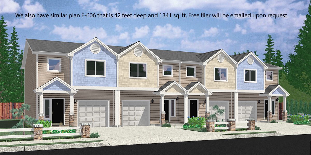 House front drawing elevation view for F-564 Four plex house plans, best selling floor plans, narrow lot townhouse plans, F-564