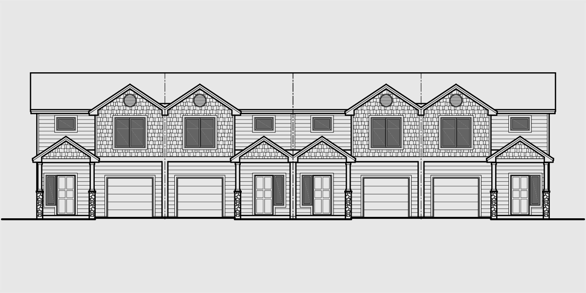 House side elevation view for F-564 Four plex house plans, best selling floor plans, narrow lot townhouse plans, F-564