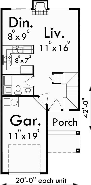 Main Floor Plan for T-411 Triplex, Rowhouse, Townhome, Condo