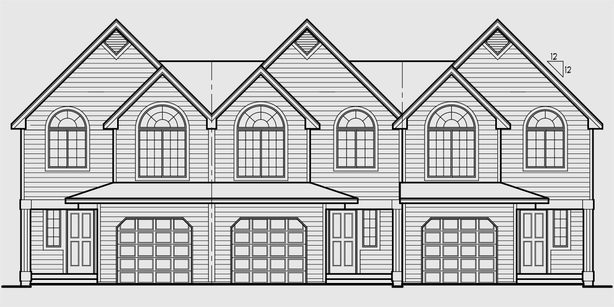 House side elevation view for T-411 Popular Row house & Triplex Design 3 bedroom 2.5 bath one car garage