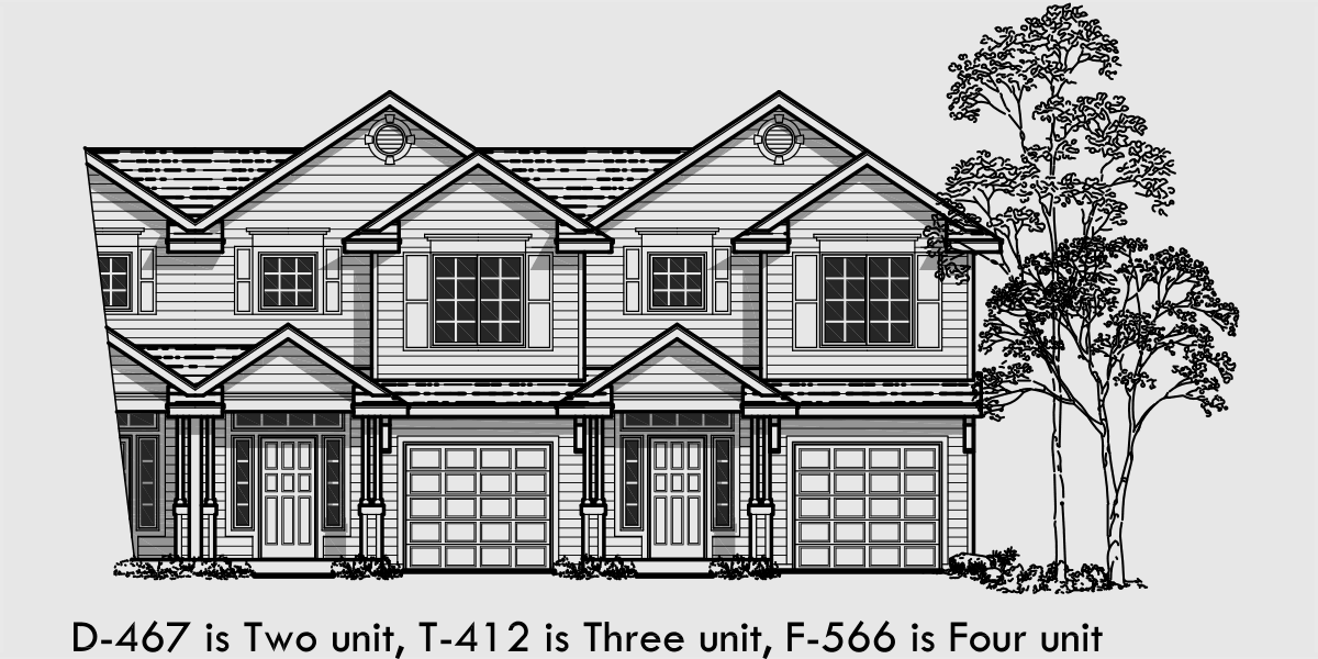 House front color elevation view for T-412 Triplex house plans, triplex house plans with garage, two story triplex plans, T-412