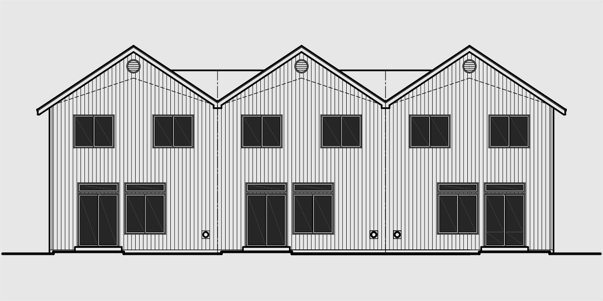 House front drawing elevation view for T-412 Triplex house plans, triplex house plans with garage, two story triplex plans, T-412