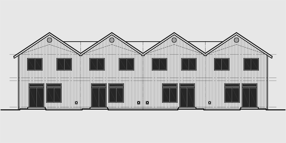 House front drawing elevation view for F-566 Fourplex house plans, 2 story townhouse, 3 bedroom townhouse, 4 plex plans with garage, F-566