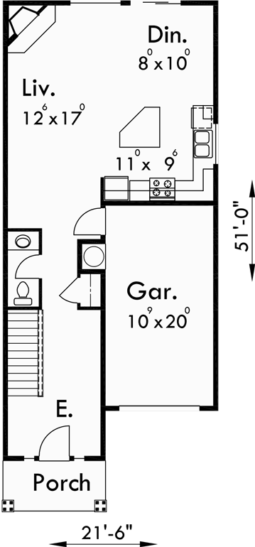 Main Floor Plan for F-566 Fourplex house plans, 2 story townhouse, 3 bedroom townhouse, 4 plex plans with garage, F-566