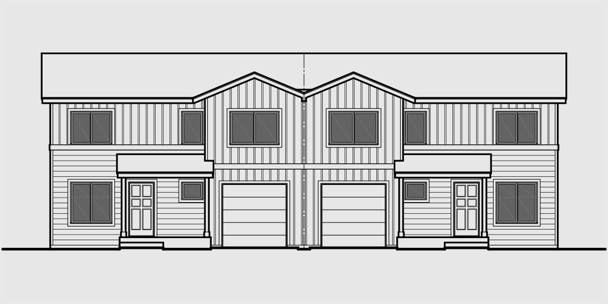 House front drawing elevation view for D-597 Duplex house plans, duplex plans with garages together, 3 bedroom duplex plans, D-597