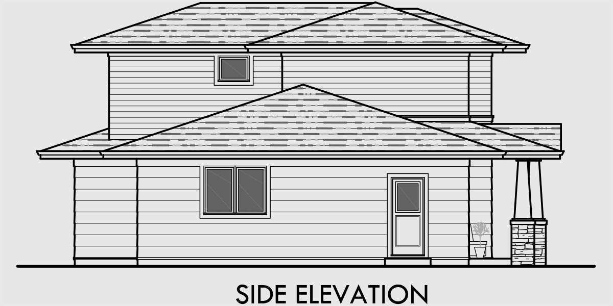 House rear elevation view for 10160 Modern Prairie house plans, Hood River house plans, Master bedroom on main floor, 10160