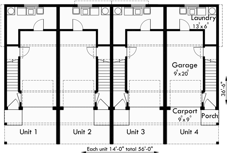 Quadplex Plans  Narrow  Lot  House  Plans  Row  House  Plans  F 556