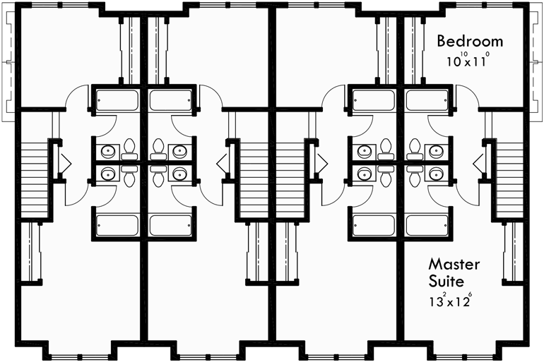 Upper Floor Plan for F-556 Quadplex plans, narrow lot house plans, row house plans, 4 plex plans, F-556