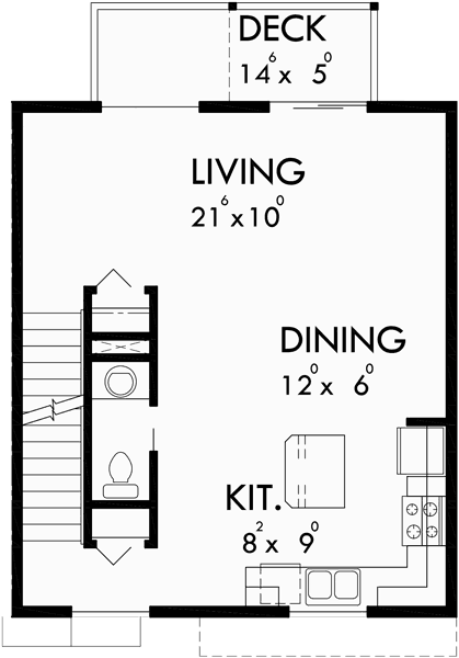 Main Floor Plan for T-413 Triplex plans, small lot house plans, row house plans, 3 plex plans, triplex house plans with garage, T-413