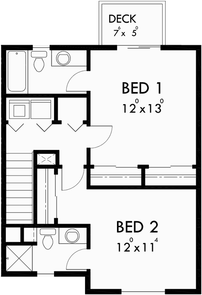 Upper Floor Plan for T-413 Triplex plans, small lot house plans, row house plans, 3 plex plans, triplex house plans with garage, T-413