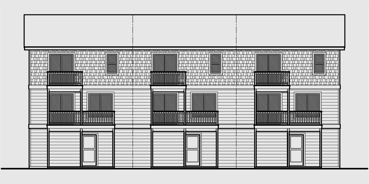 House side elevation view for T-413 Triplex plans, small lot house plans, row house plans, 3 plex plans, triplex house plans with garage, T-413