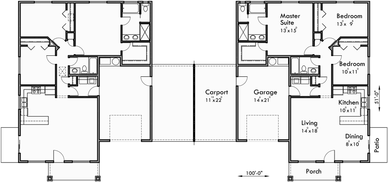 Main Floor Plan 2 for D-590 Duplex house plans, one story duplex house plans, duplex house plans with garage, 3 bedroom duplex plans, D-590