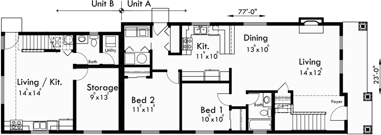 Main Floor Plan for D-570 Duplex house plans, ADU floor plans, Accessory Dwelling Units, back to back duplex plans, D-570