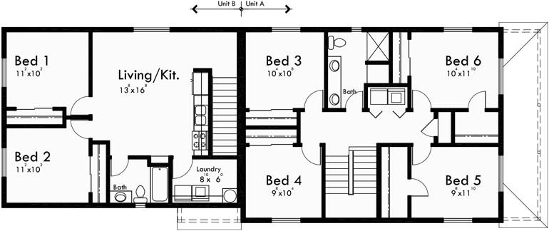 Upper Floor Plan for D-569 Duplex house plans, apartment over garage, ADU floor plans, Accessory Dwelling Units, back to back duplex plans,  D-569