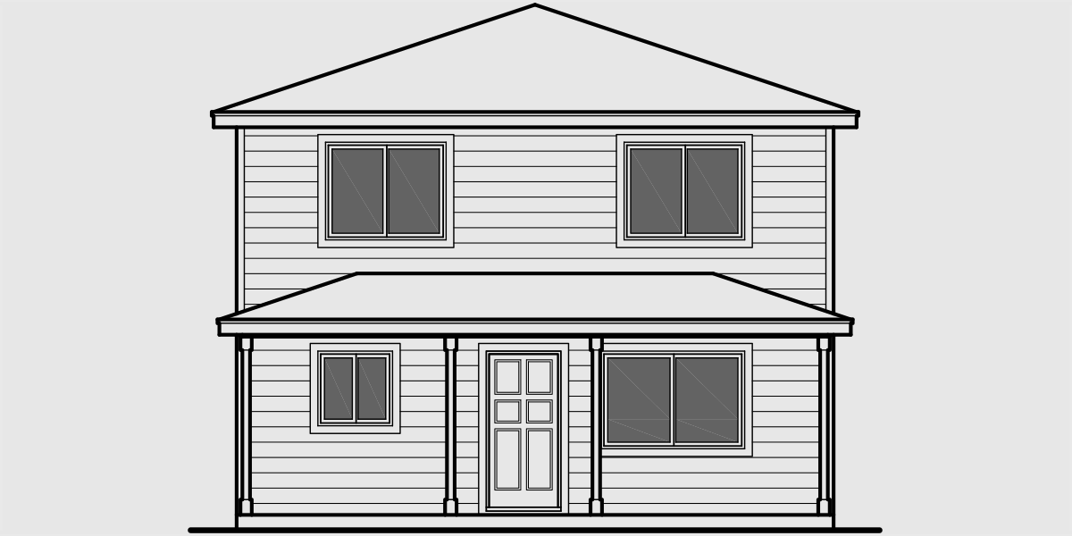 House front color elevation view for D-569 Duplex house plans, apartment over garage, ADU floor plans, Accessory Dwelling Units, back to back duplex plans,  D-569