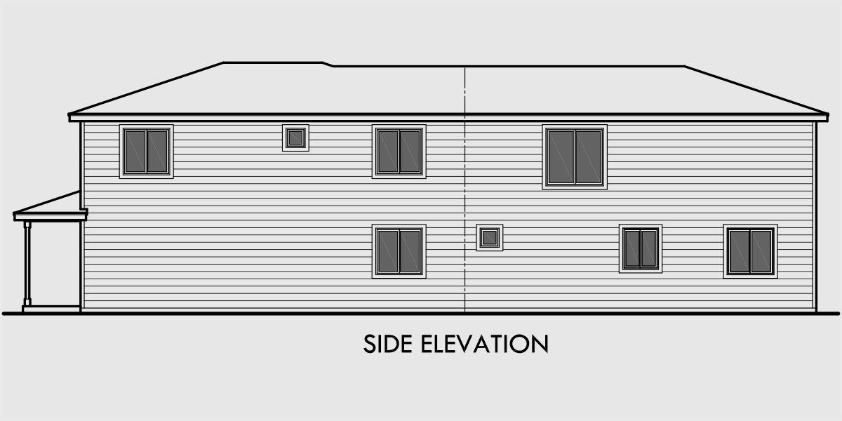 House rear elevation view for D-569 Duplex house plans, apartment over garage, ADU floor plans, Accessory Dwelling Units, back to back duplex plans,  D-569