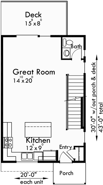 Main Floor Plan for D-564 Duplex house plans, rear garage duplex plans, duplex house plans with basement, 2 bedroom duplex house plans, duplex house plans for sloping lot, D-564