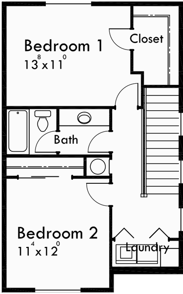 Upper Floor Plan for D-564 Duplex house plans, rear garage duplex plans, duplex house plans with basement, 2 bedroom duplex house plans, duplex house plans for sloping lot, D-564