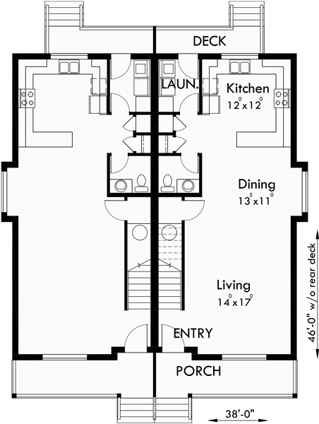 Main Floor Plan for D-556 Duplex house plans, narrow lot duplex house plans, 3 bedroom duplex house plans, 2 story duplex house plans, duplex house plans for Canada, D-556