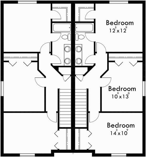 Upper Floor Plan for D-556 Duplex house plans, narrow lot duplex house plans, 3 bedroom duplex house plans, 2 story duplex house plans, duplex house plans for Canada, D-556