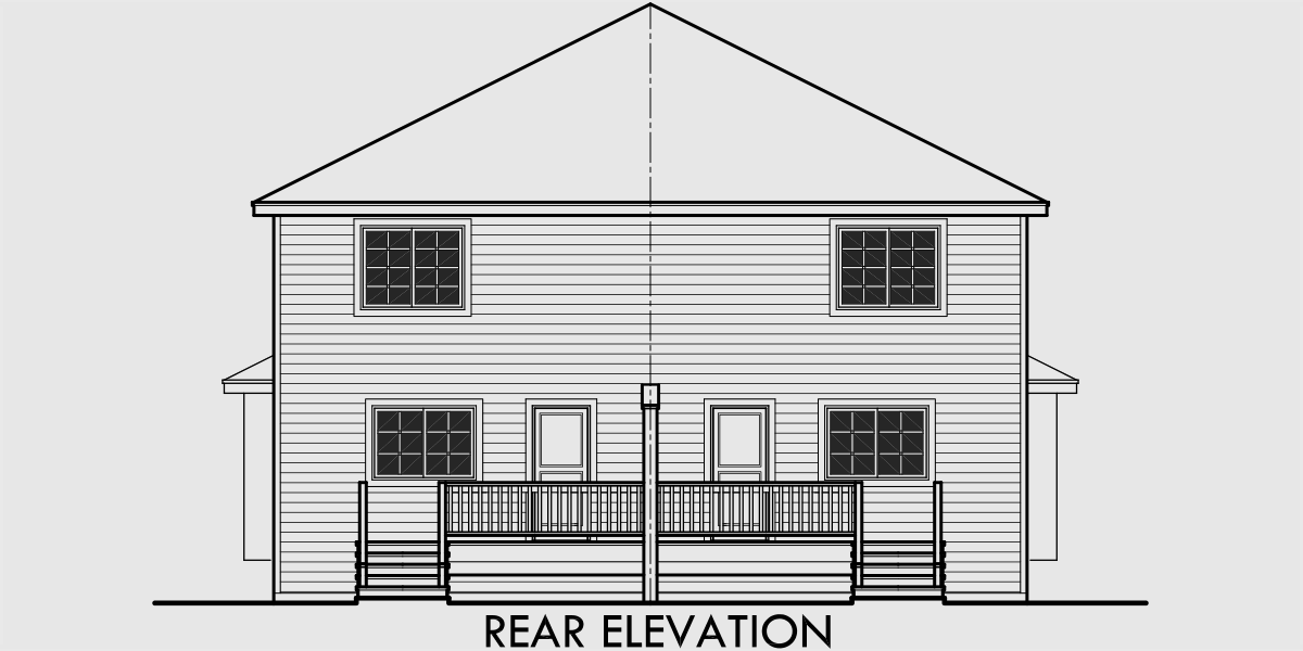 House front drawing elevation view for D-556 Duplex house plans, narrow lot duplex house plans, 3 bedroom duplex house plans, 2 story duplex house plans, duplex house plans for Canada, D-556