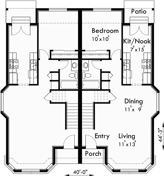 Main Floor Plan for D-550 Duplex house plans, narrow lot duplex house plans, master on the main duplex plans, 2 story duplex house plans, duplex house plans for Canada, D-550