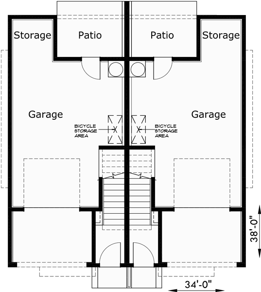 Lower Floor Plan for D-544 Duplex house plans, narrow lot duplex house plans, 3 story townhouse plans, duplex house plans with garage, row house plans, D-544