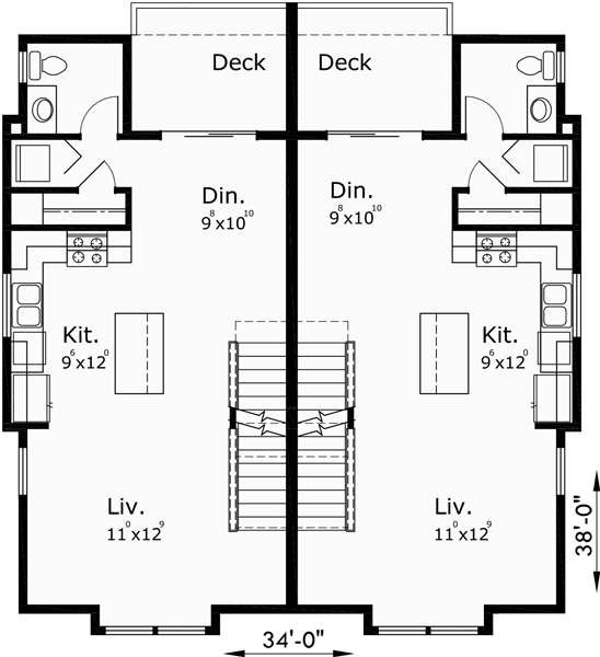 Main Floor Plan for D-544 Duplex house plans, narrow lot duplex house plans, 3 story townhouse plans, duplex house plans with garage, row house plans, D-544