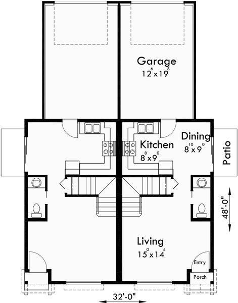 Main Floor Plan for D-543 Duplex house plans, narrow lot duplex house plans, duplex house plans with rear garage, small duplex house plans, D-543