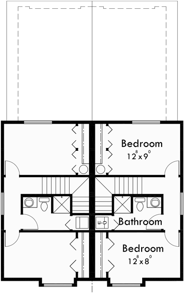 Upper Floor Plan for D-543 Duplex house plans, narrow lot duplex house plans, duplex house plans with rear garage, small duplex house plans, D-543