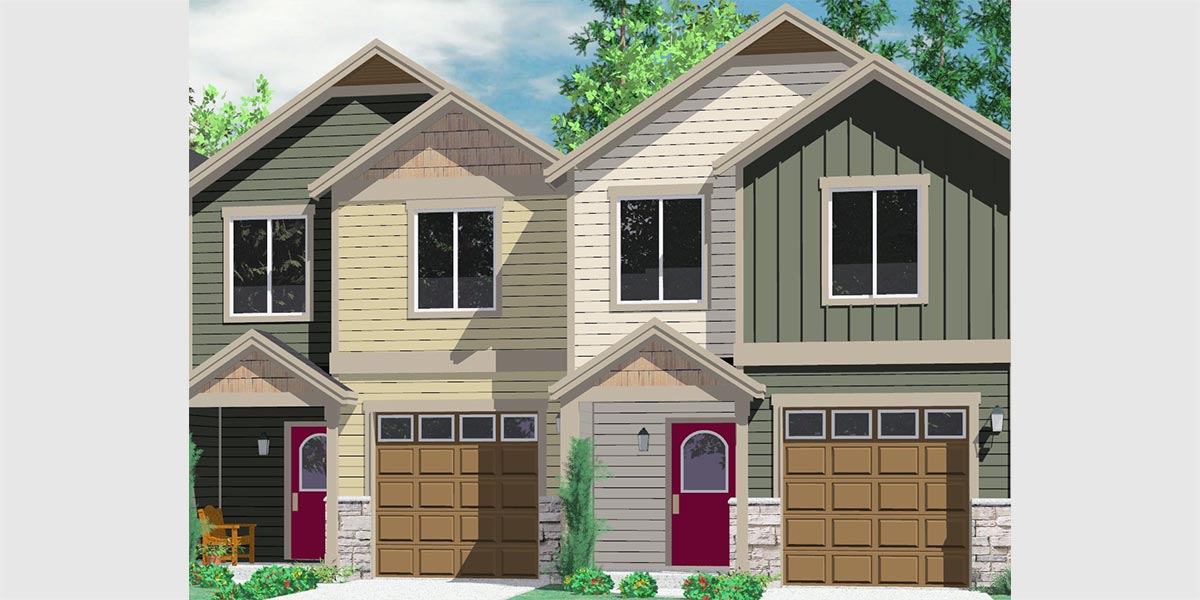 D-542 19 ft wide narrow duplex house plans, 2 story duplex floor plans, 3 bedroom duplex house designs, D-542