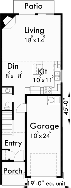 Main Floor Plan for D-542 19 ft wide narrow duplex house plans, 2 story duplex floor plans, 3 bedroom duplex house designs, D-542