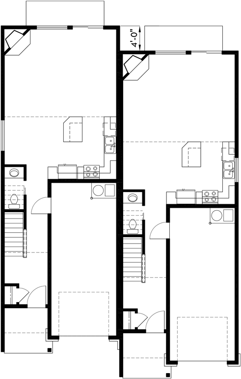 Main Floor Plan 2 for D-542 19 ft wide narrow duplex house plans, 2 story duplex floor plans, 3 bedroom duplex house designs, D-542