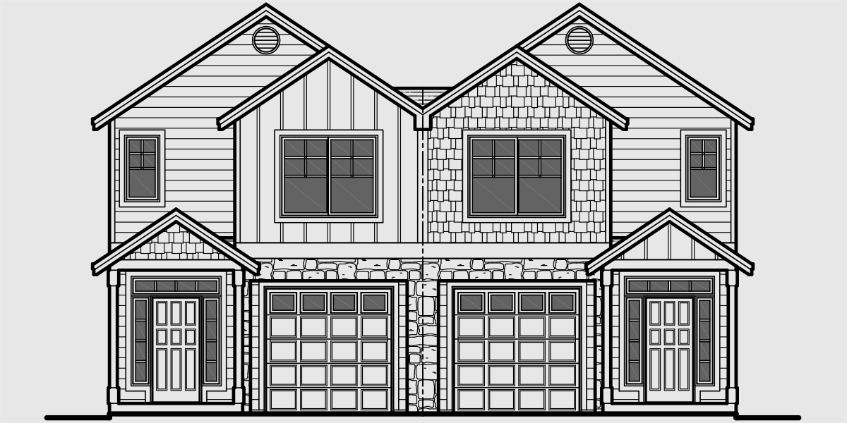 House front color elevation view for D-541 Duplex house plans, narrow row house plans, duplex house designs, multi unit house plans, duplex house plans with garage, D-541