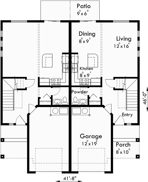 Main Floor Plan for D-538 Duplex house plans, duplex home designs, duplex house plans with garage, 3 bedroom duplex house plans, D-538