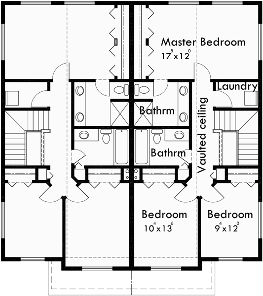 Upper Floor Plan for D-538 Duplex house plans, duplex home designs, duplex house plans with garage, 3 bedroom duplex house plans, D-538