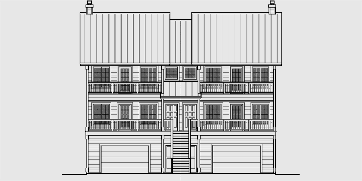 House front drawing elevation view for D-535 Duplex house plans, duplex home designs, duplex house plans with garage, vacation house plans, D-535