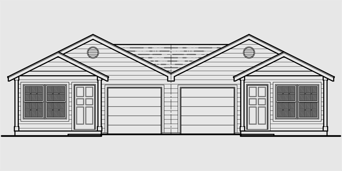 House front color elevation view for D-529 Duplex house plans, one level duplex house plans, duplex home designs, duplex house plans with garage, narrow duplex house plans, single story duplex house plans, D-529