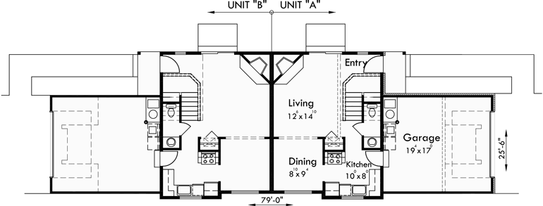 Main Floor Plan for D-402 Duplex house plans, back to back duplex house plans, D-402