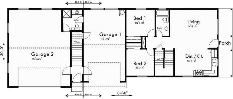 Main Floor Plan for D-574 Duplex house plans, ADU plans, corner lot house plans, D-574