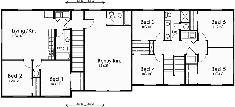 Upper Floor Plan for D-574 Duplex house plans, ADU plans, corner lot house plans, D-574