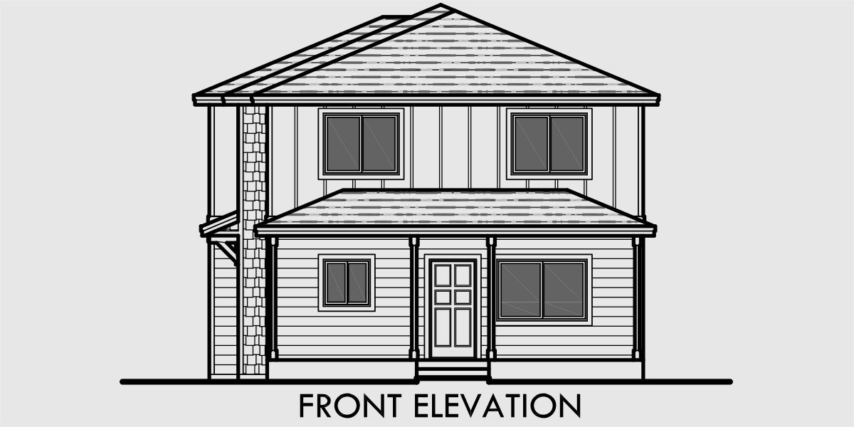 House front color elevation view for D-574 Duplex house plans, ADU plans, corner lot house plans, D-574