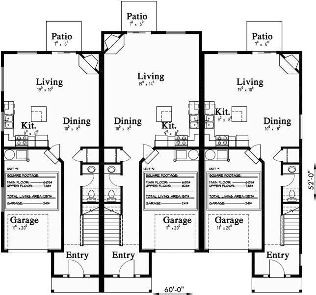 Main Floor Plan for T-399 Triplex house plans, 3 unit house plans, multiplex house plans, T-399