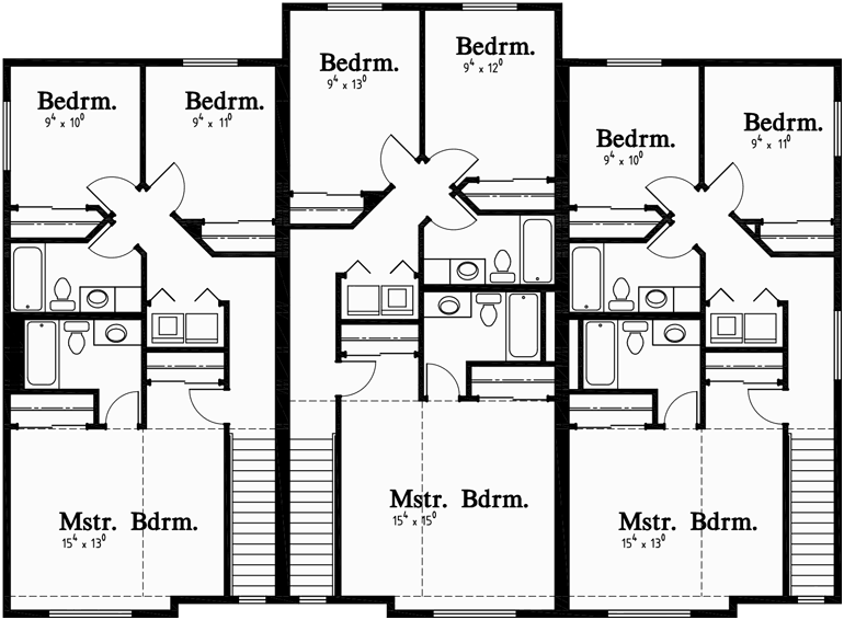 Upper Floor Plan for T-399 Triplex house plans, 3 unit house plans, multiplex house plans, T-399