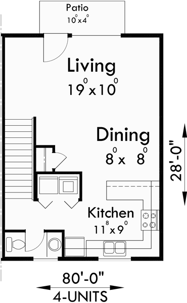 Main Floor Plan for F-534 4 plex plans, 3 bedroom fourplex house plans, quadplex plans with garage, 3 story 4 plex house plans, F-534