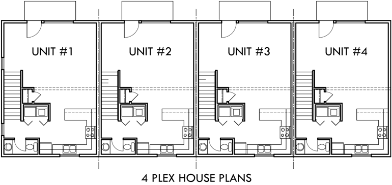 Main Floor Plan 2 for F-534 4 plex plans, 3 bedroom fourplex house plans, quadplex plans with garage, 3 story 4 plex house plans, F-534