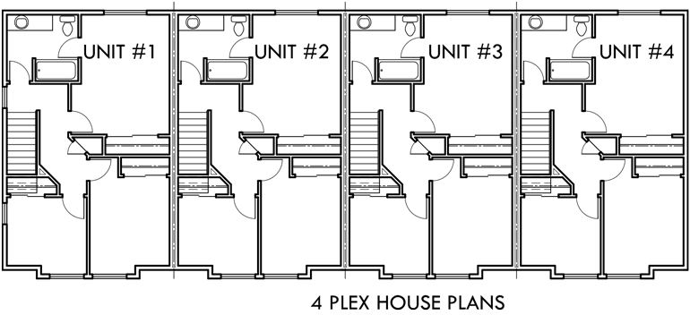 Upper Floor Plan 2 for 4 plex plans, 3 bedroom fourplex house plans, quadplex plans with garage, 3 story 4 plex house plans, F-534