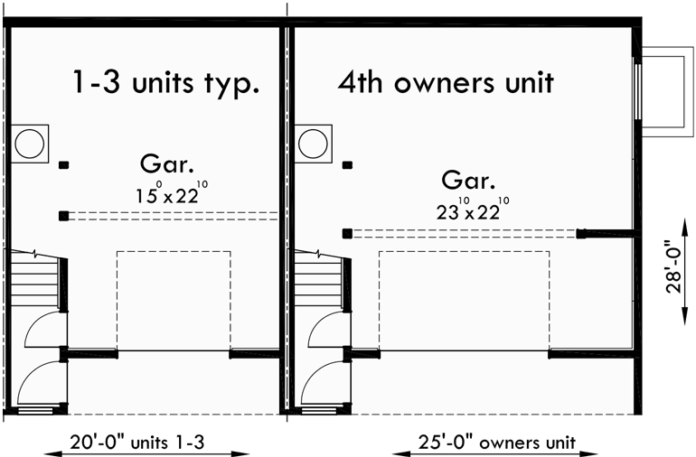 Lower Floor Plan for F-537 4 plex plans, fourplex with owners unit, quadplex plans with garage, 3 bedroom 4 plex house plans, F-537
