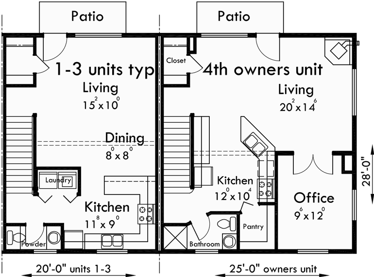 Main Floor Plan for F-537 4 plex plans, fourplex with owners unit, quadplex plans with garage, 3 bedroom 4 plex house plans, F-537