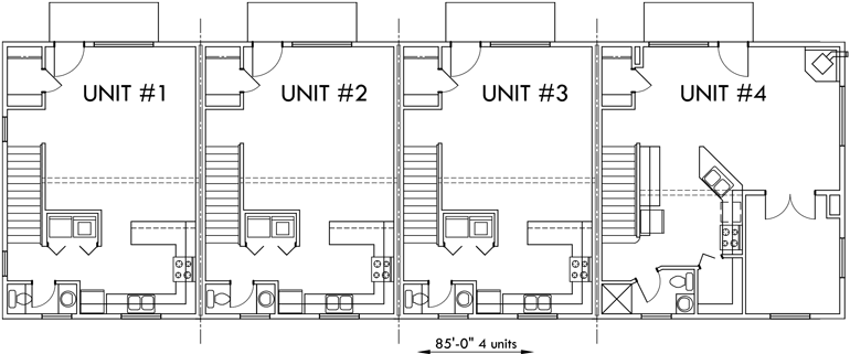 Main Floor Plan 2 for F-537 4 plex plans, fourplex with owners unit, quadplex plans with garage, 3 bedroom 4 plex house plans, F-537